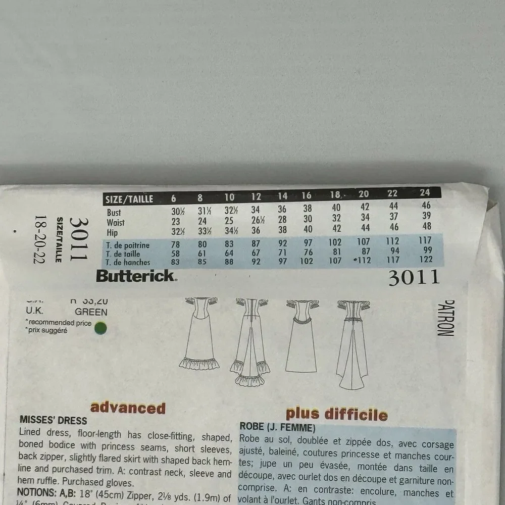 Butterick 3011 Sewing Pattern Edwardian Gown Dress Train Size 18 20 22 History - Picture 5 of 12